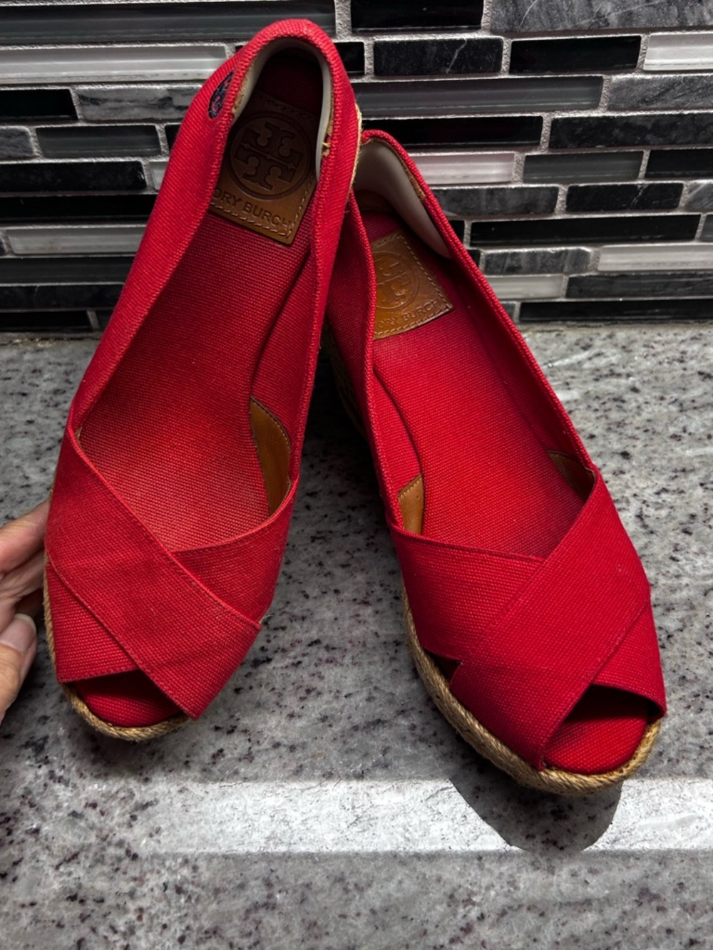 Tory Burch Red Canvas Crisscross Peep-Toe Espadrilles Filipa Wedges size 7